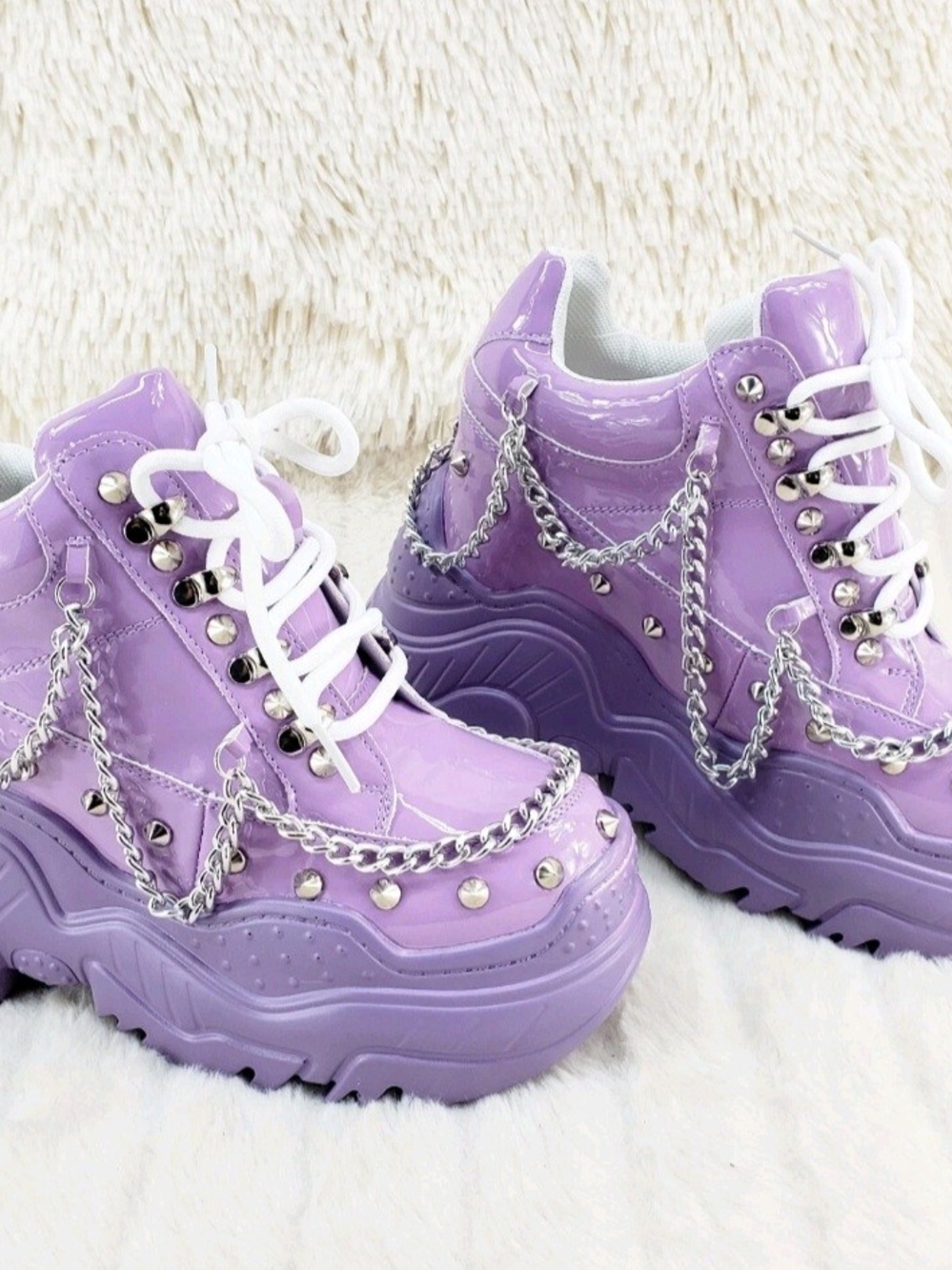 WTF By Anthony Wang Lilac Patent Sneakers Chain Studded Hidden Wedge 7.5 NWOT - Picture 14 of 14